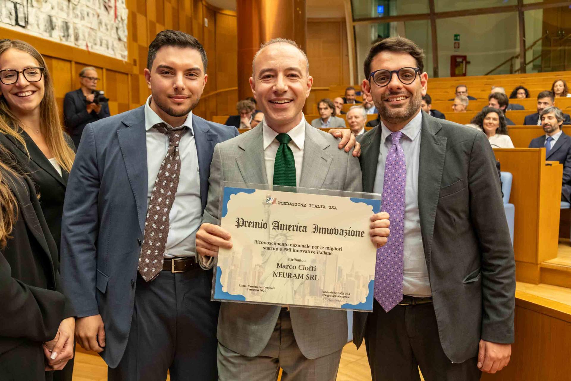 Marco Cioffi riceve il Premio America Innovazione 2026 alla Camera dei Deputati di Montecitorio.
